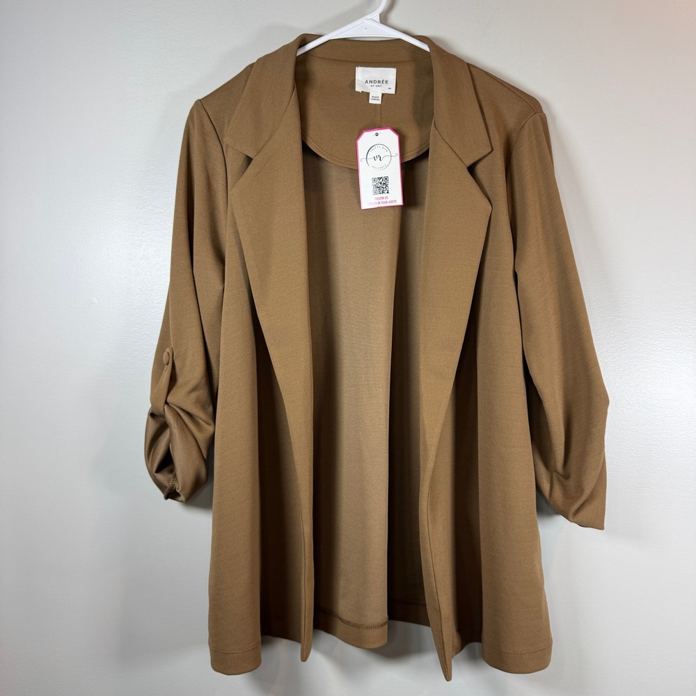 Andree by Unit Camel Brown Open Front Blazer Roll Tab Sleeve Neutral Wardrobe M